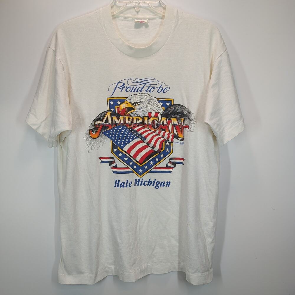 Vintage 1991 Proud to be American Eagle Flag Hale Michigan T-Shirt White Men's M